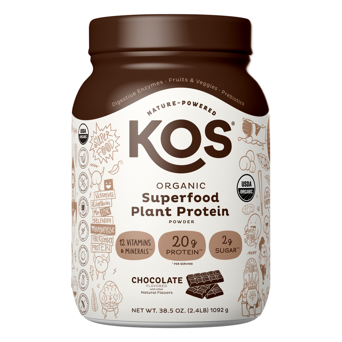 KOS Organic Plant-Based Protein Powder (Chocolate), 2 lb