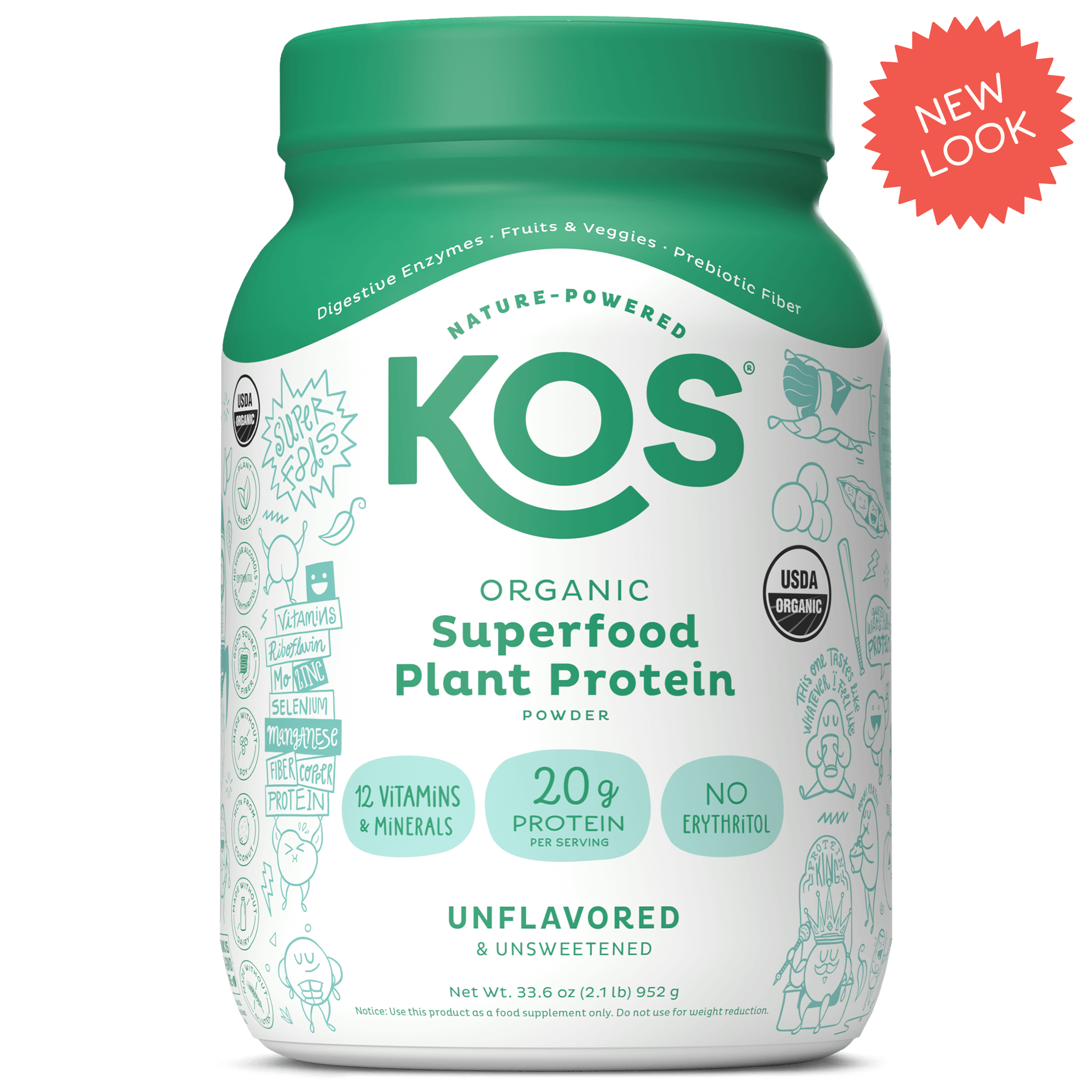 KOS Organic Plant Protein, Unflavored & Unsweetened, 28 Servings