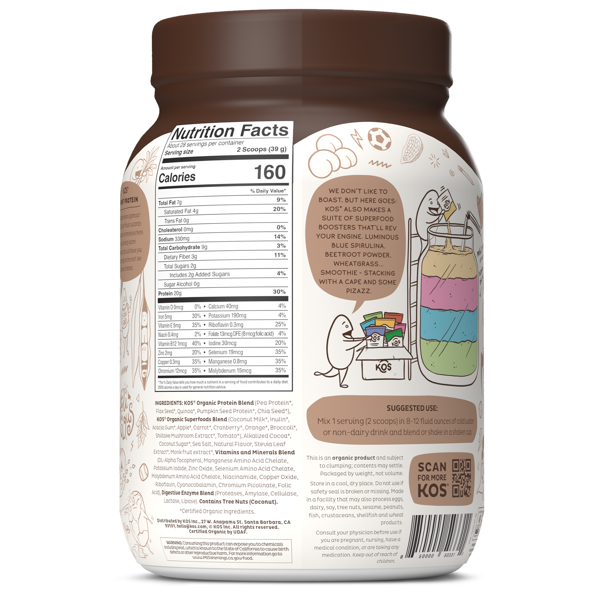 KOS Organic Plant Protein, Chocolate, 28 Servings