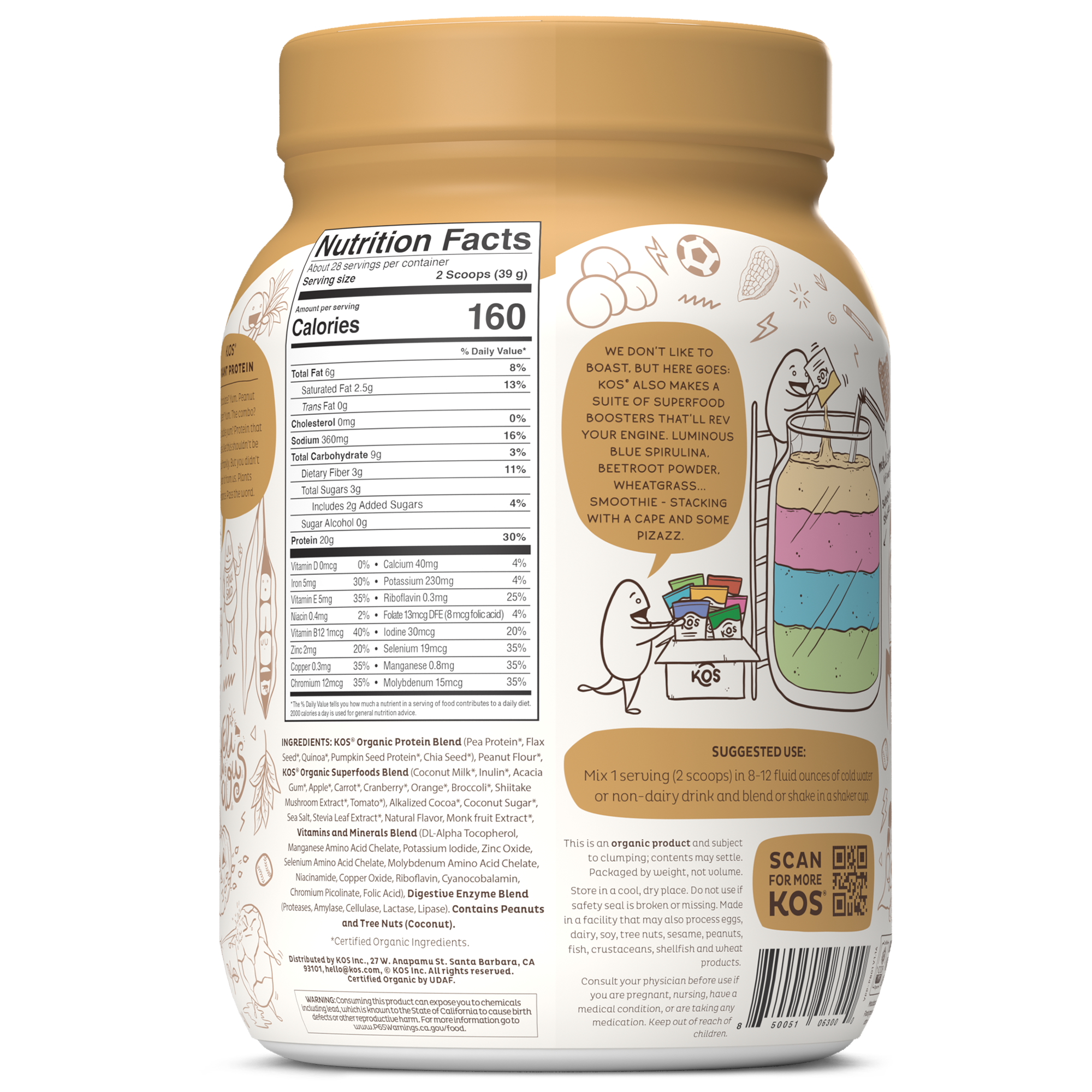 KOS Organic Plant Protein, Chocolate Peanut Butter, 28 Servings