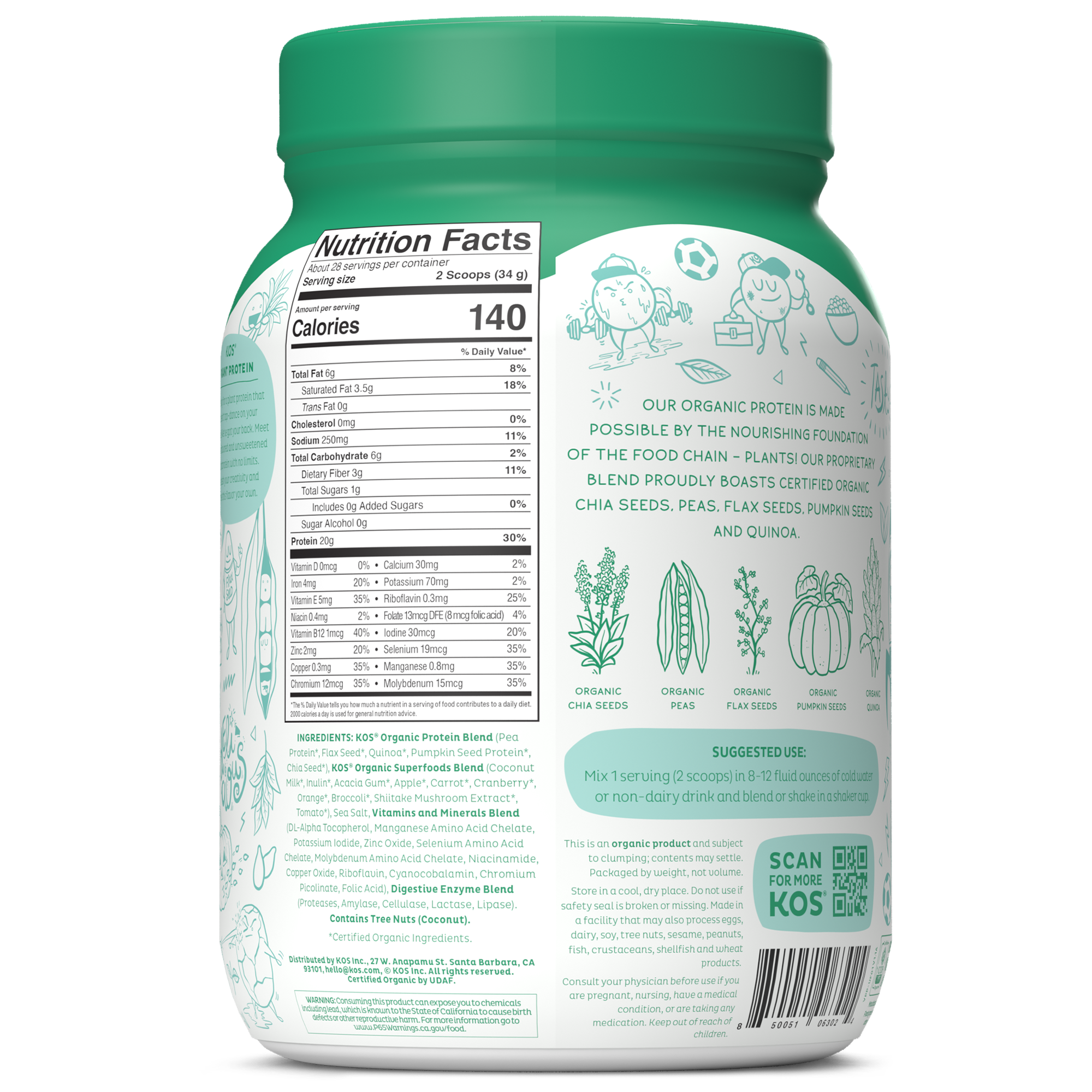 KOS Organic Plant Protein, Unflavored & Unsweetened, 28 Servings