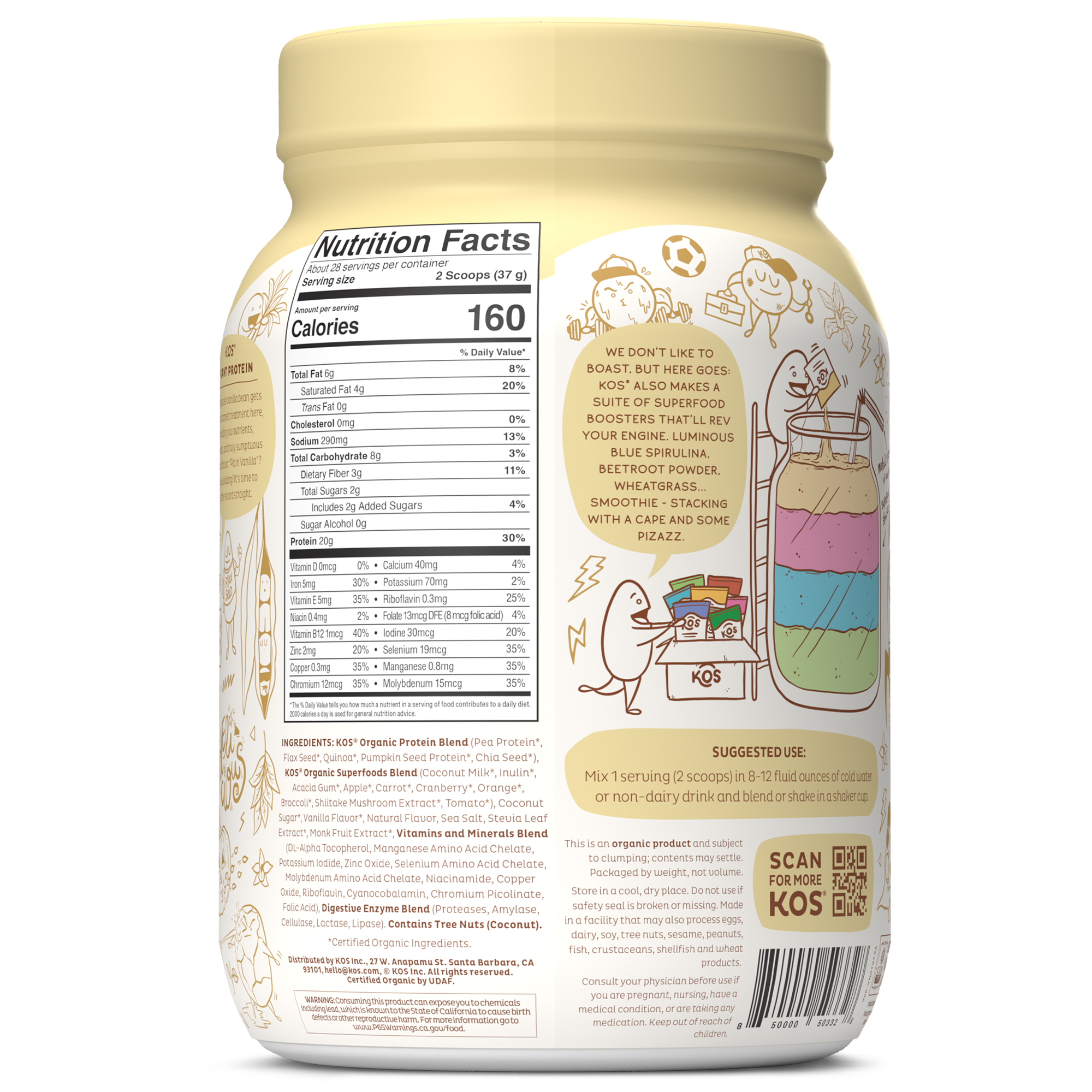 KOS Organic Plant Protein, Vanilla, 28 Servings