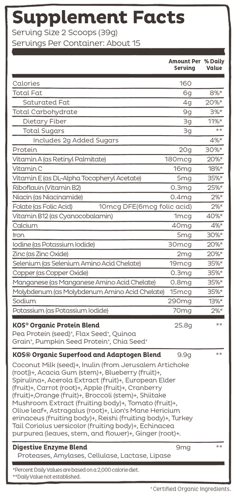 Ingredient list for KOS Organic Plant Protein, Blueberry Muffin, 15 servings