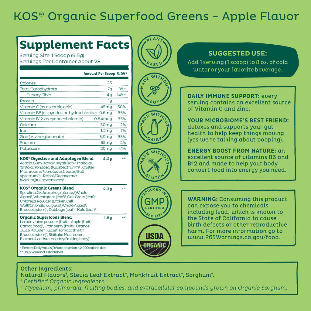 Ingredient list for KOS Organic Superfood Greens - Apple Flavor