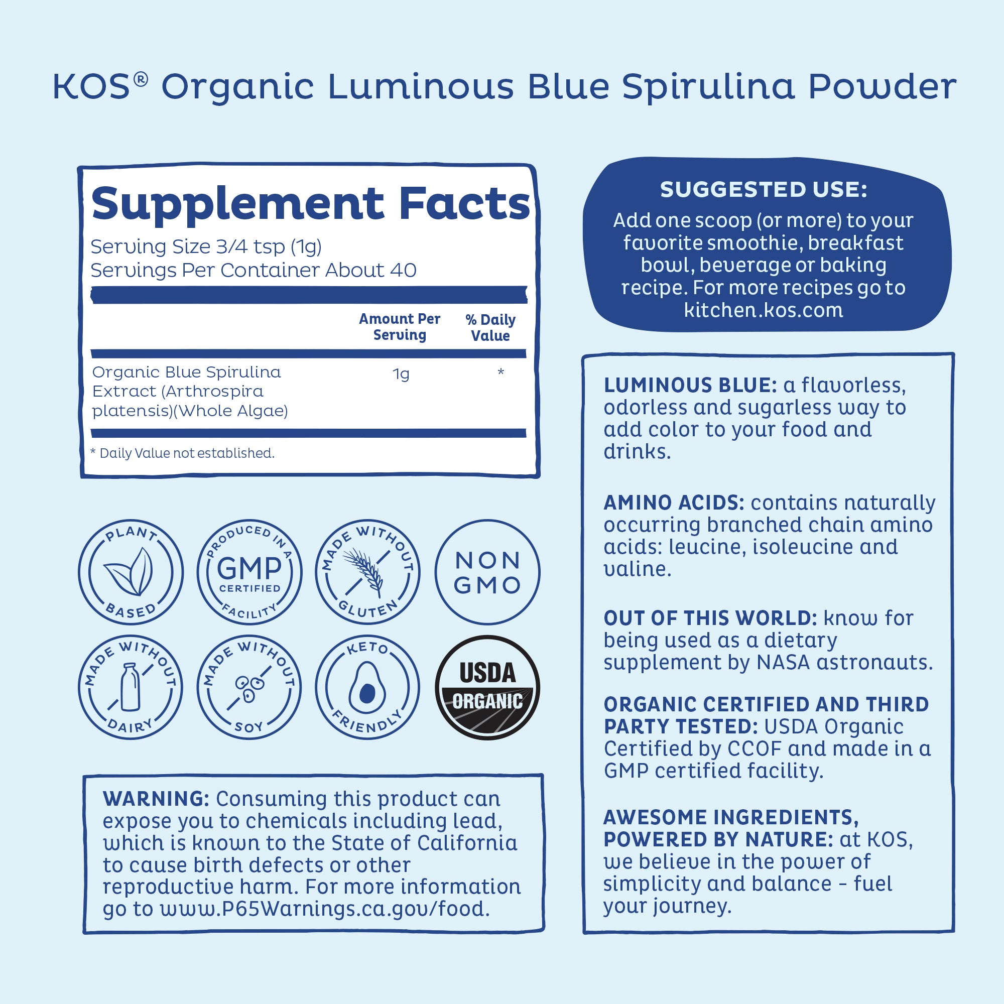 KOS® Organic Luminous Blue Spirulina - 27 servings