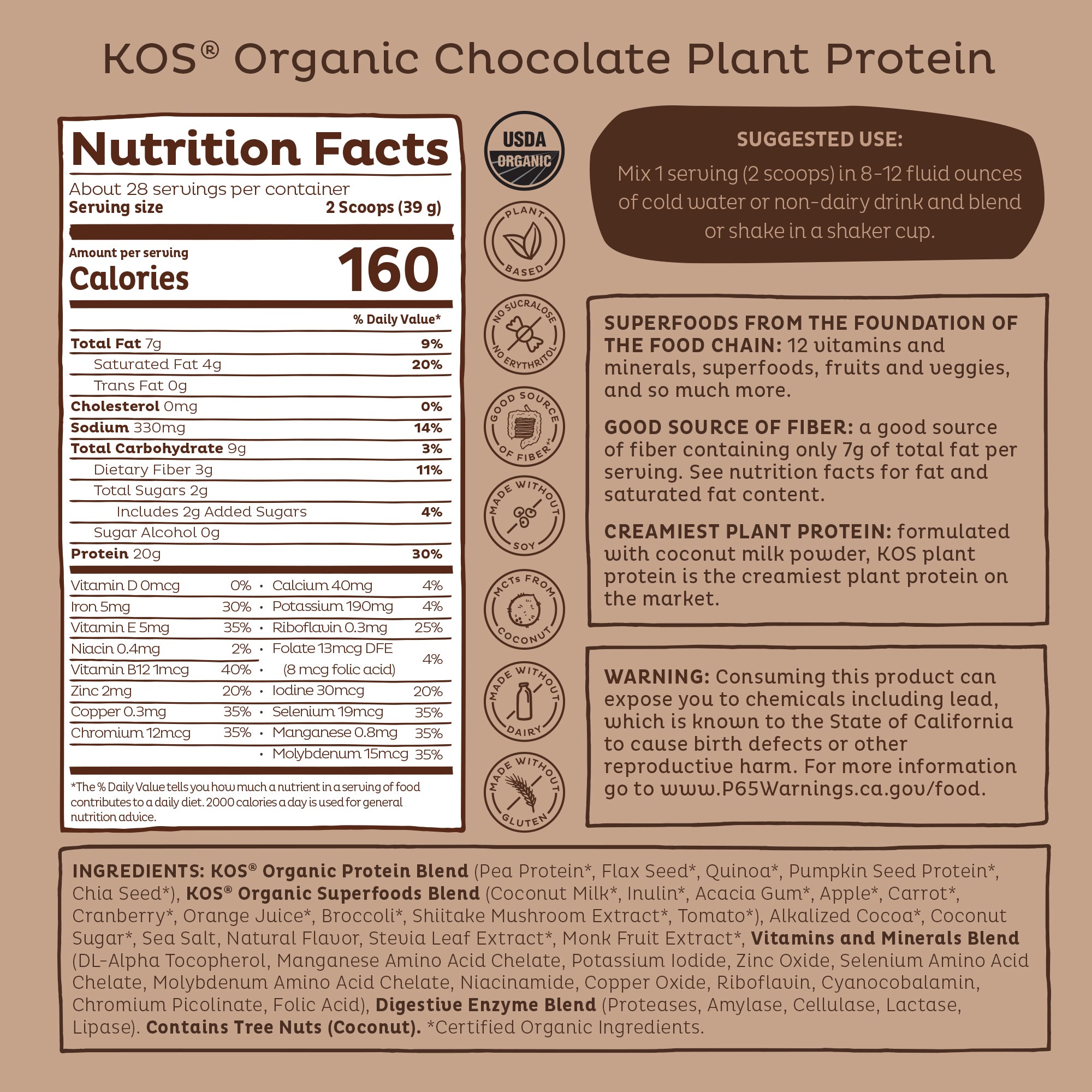 KOS Organic Plant Protein, Chocolate, 28 Servings