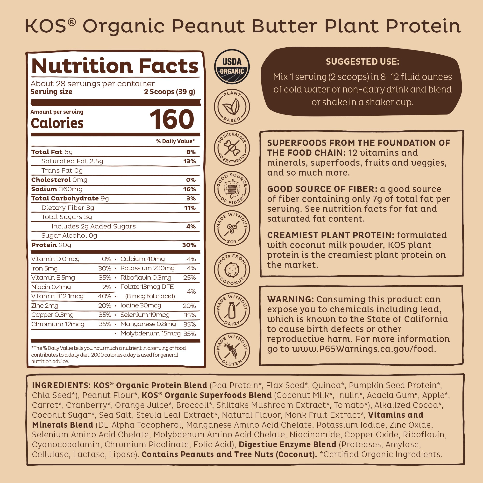 KOS Organic Plant Protein, Chocolate Peanut Butter, 28 Servings