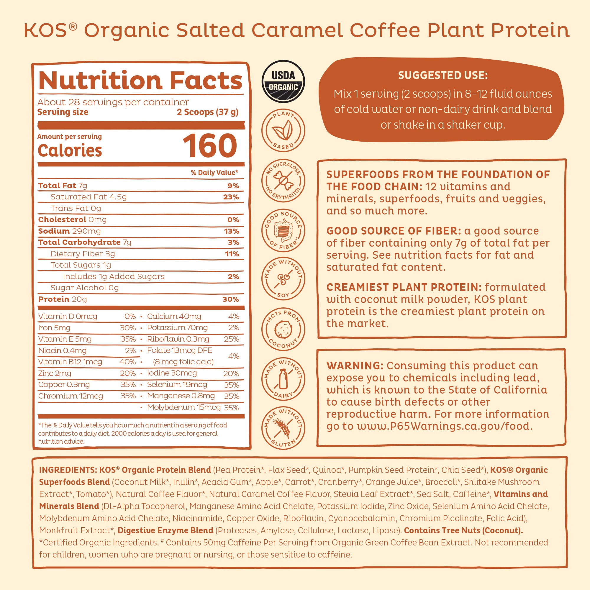 KOS Organic Plant Protein, Salted Caramel Coffee, 28 servings