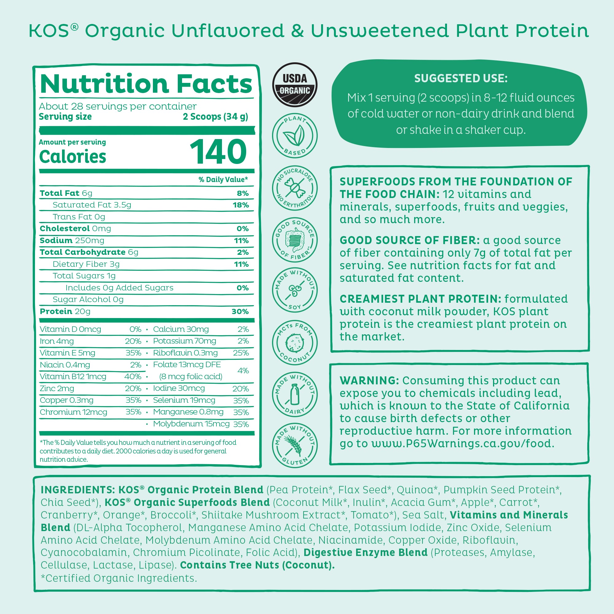 KOS Organic Plant Protein, Unflavored & Unsweetened, 28 Servings