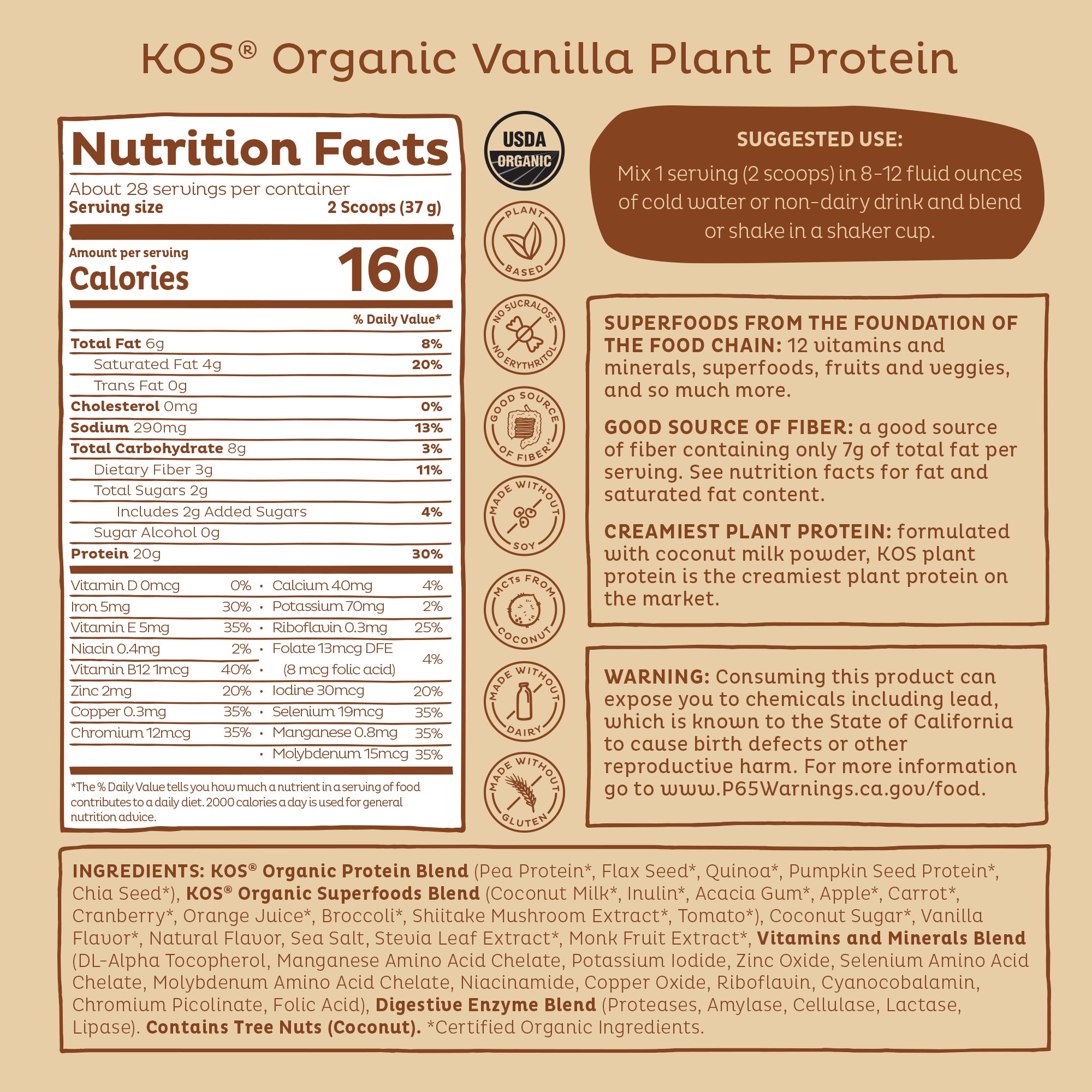 KOS Organic Plant Protein, Vanilla, 28 Servings