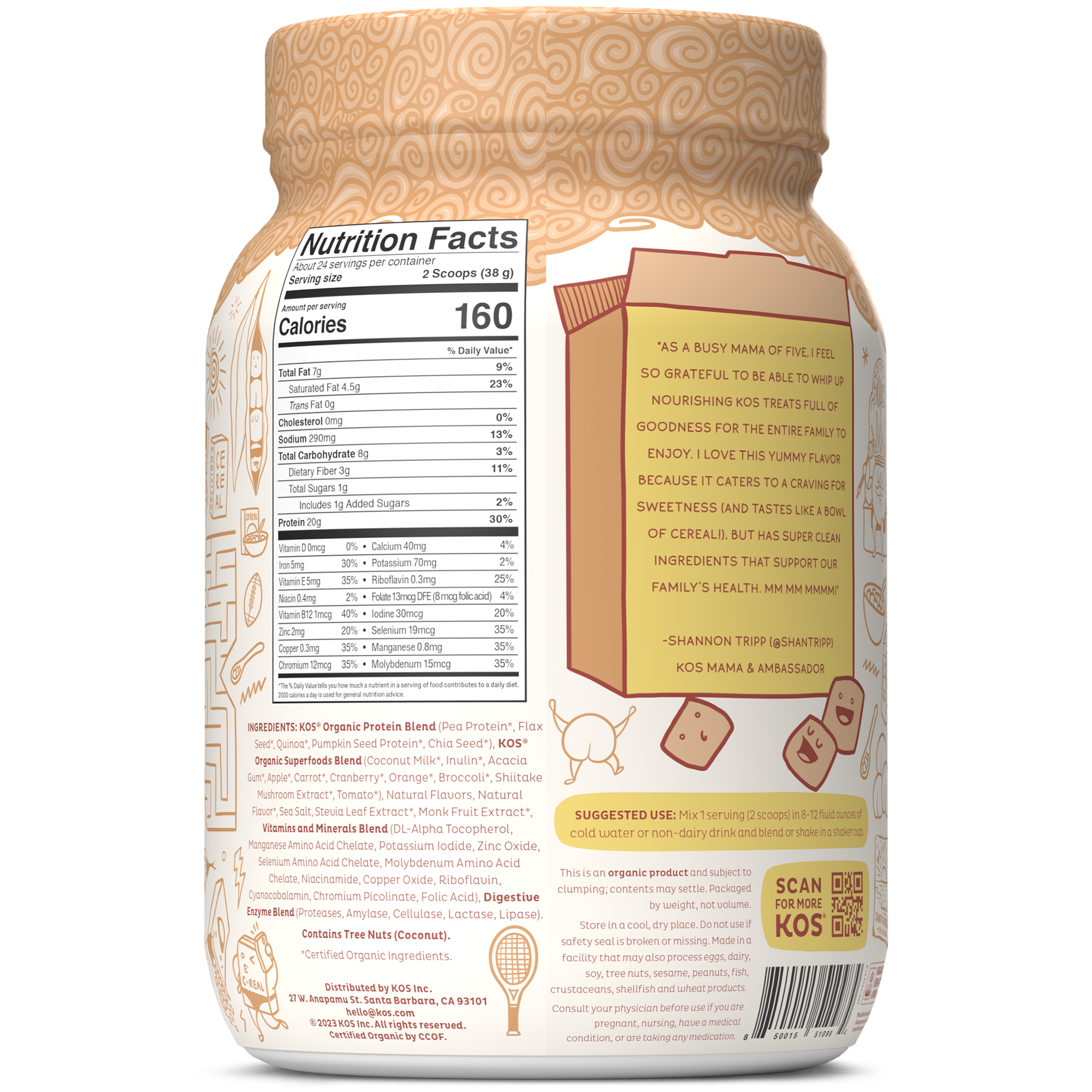 Organic Plant Based Protein Powder  Cinnamon Cereal Crunch Flavored, 24 Servings