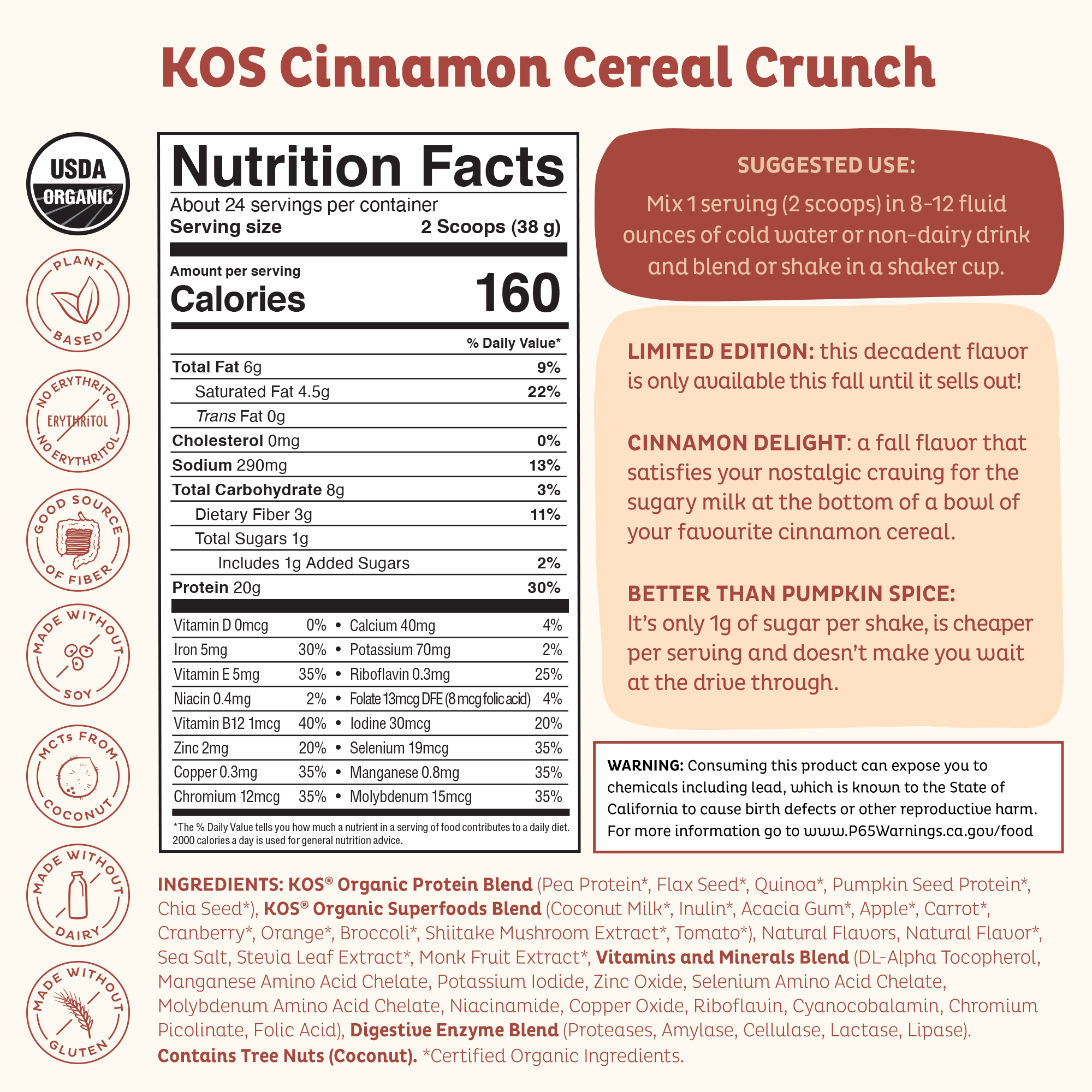 Organic Plant Based Protein Powder  Cinnamon Cereal Crunch Flavored, 24 Servings